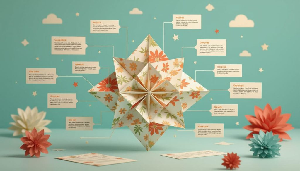 Abstract concept art of a paper diagram surrounded by idea blocks, symbolising essay structure and organised thinking.