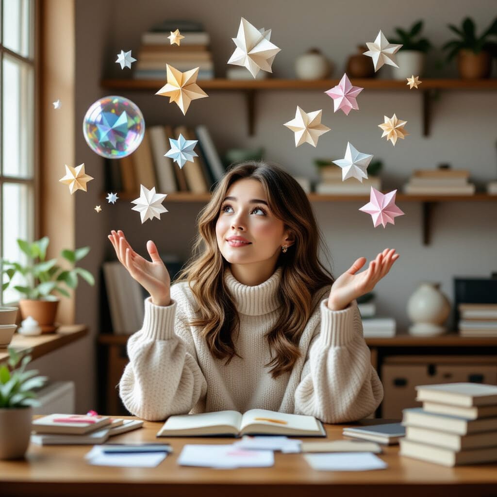 Young woman surrounded by floating origami stars, symbolising creative thinking and clear ideas in academic writing.