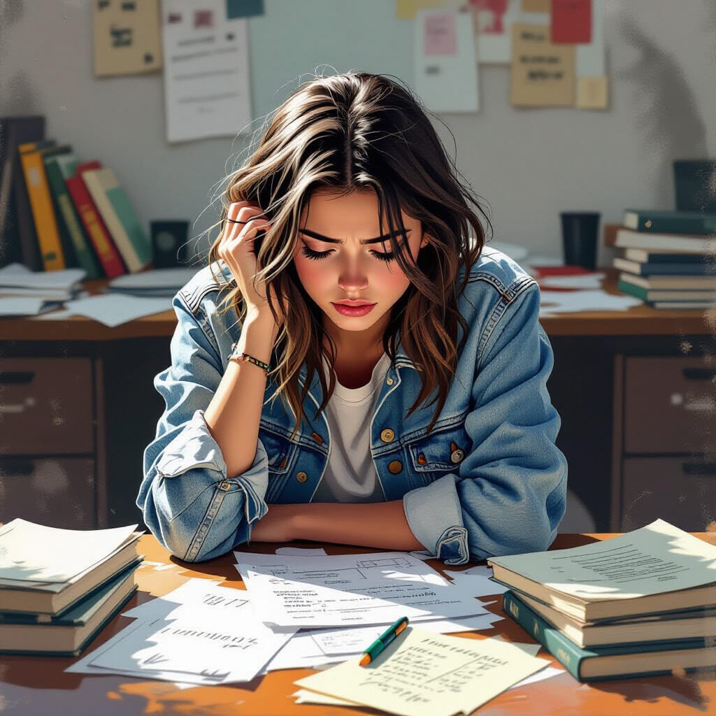 Frustrated student studying at a desk, symbolising the challenge of being stuck at IELTS Writing Band 6.5
